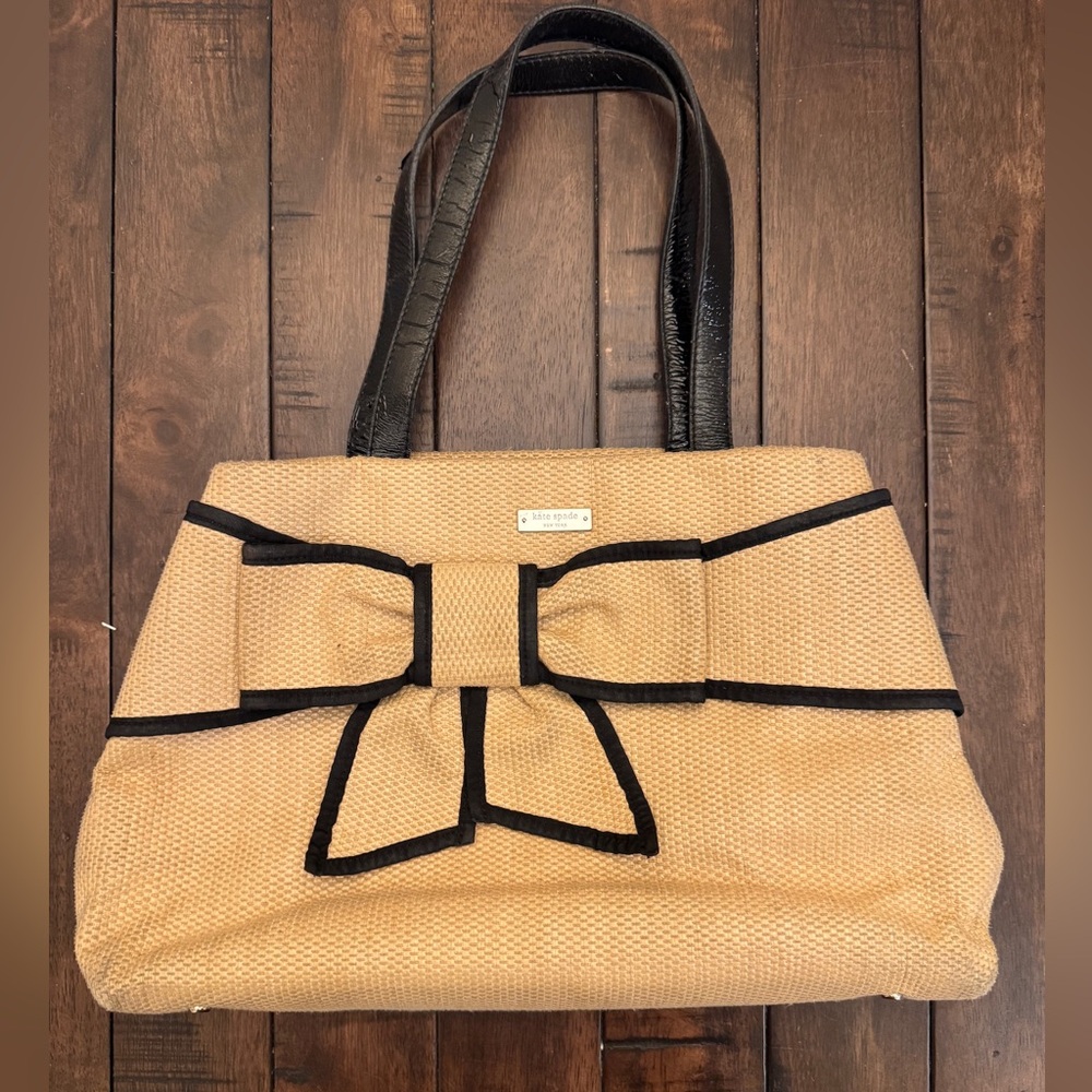 Kate Spade Mount Perry Rumour Raffia Tote, black and tan with bow